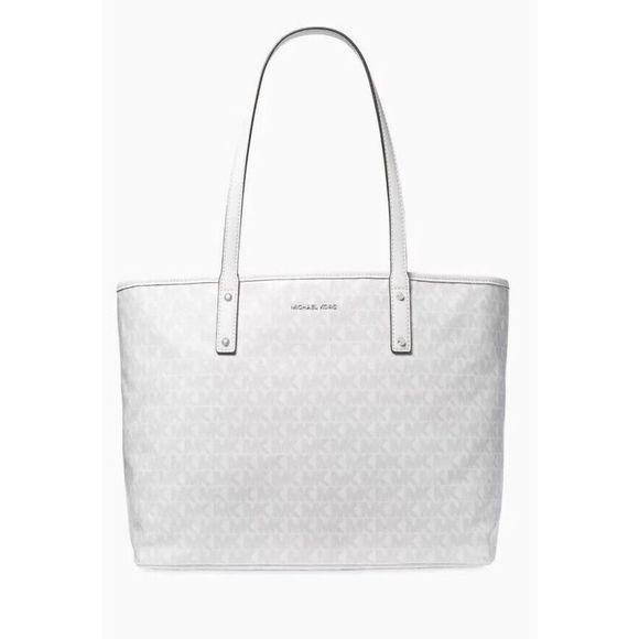 Michael Kors Signature Carter Large Zip Open Tote  White Grey Silver $300 - Picture 1 of 16
